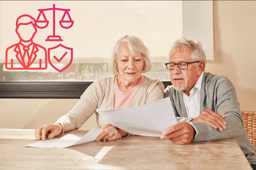 Elderly couple reviewing legal documents.